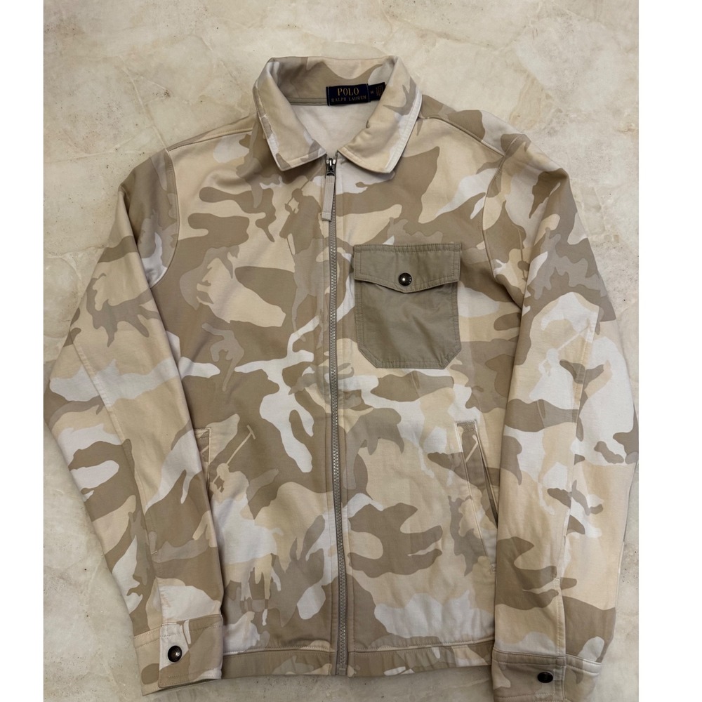 Polo Ralph Lauren Mens Desert Camo Full Zip Jacket Sweatshirt Tan Beige Medium
